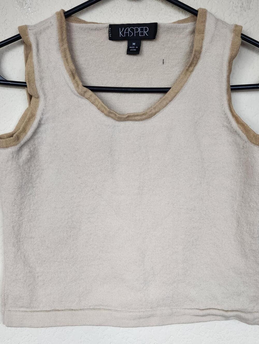 Kasper Petite Medium Sleeveless Cream Knit Top with Tan Trim